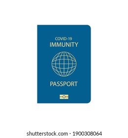 Vector de ilustración plana 2021 Viaje Salud Pasaporte Inmune. Nuevo normal después de la pandemia COVID-19. azul de pasaporte de inmunidad
Diseño con letras amarillas doradas e icono o signo biométrico. Aislado sobre blanco
