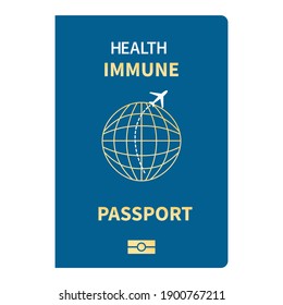 Vector flat illustration 2021 Travel Health Immune Passport. New normal after COVID-19 pandemic. Immunity Passport blue
Design with gold letters and biometric icon and airplane. Isolated on white. 
