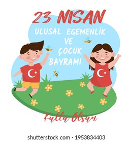 Ilustración plana de vectores para el Día Nacional de la Soberanía y la Infancia, 23 de abril en Turquía. Traducción en idioma turco: 23 nisan cocuk bayrami