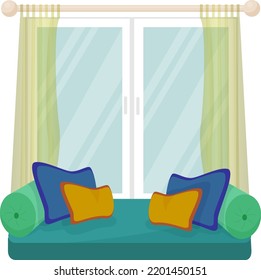vector flat illustration 
2d window with sofa window sill and soft pillows