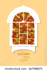 Vector flat  illustration about autumn and gardening. White ancient arched window with green and red leaves of various plants.