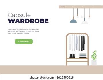 Vector Flat Illustration About Capsule Wardrobe. Modern Landing Page Template Of Wooden Cloth Rack In Minimalistic Room With Flower In A Pot. Scandinavian Unisex Wardrobe.