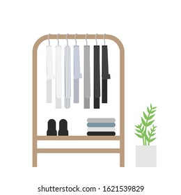 Vector Flat Illustration About Capsule Wardrobe. Modern Landing Page Template Of Wooden Cloth Rack In Minimalistic Room With Flower In A Pot. Scandinavian Unisex Wardrobe.