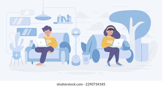 Vector flat illustration about communication through social networks between a man and a woman.