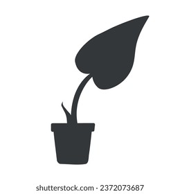 Vector flat illustration about greenery includes pot with tropical plant. Isolated icon with new leaf on Monstera Albo. Hobby to grow and care about garden at home, make urban jungle. Black shape