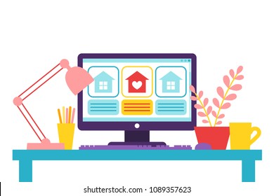 Vector Flat Illustration About House Hunting. Search A New House App On A Computer. Modern Background With Table Stuff Isolated.