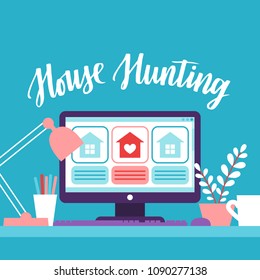 Vector Flat Illustration About House Hunting. Search A New House App On A Computer. Modern Background With Table Stuff. Hand Written Lettering.