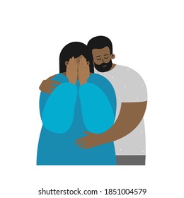 Vector flat illustration about mental health in family, importance to support partner in depression and stress. Mood swings of pregnant woman. African american husband hugs crying and upset wife