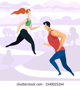 Vector flat illustration about the problem of hyperhidrosis, heavy sweating in running people involved in sports. Athletic man and woman run to each other with spots on armpits.