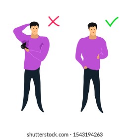 Vector flat illustration about problem of hyperhidrosis, sweating in people. Image of a standing upset man with a sweat stain on his armpits and a contented man with no sweat or sweat odor problems