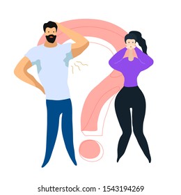 Vector flat illustration about the problem of hyperhidrosis, sweating in people. Illustration of standing upset man with sweat stains on armpits and surprised woman on the background of question mark