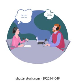 vector flat illustration about radio conversation of two speakers with background looking like earth planet
