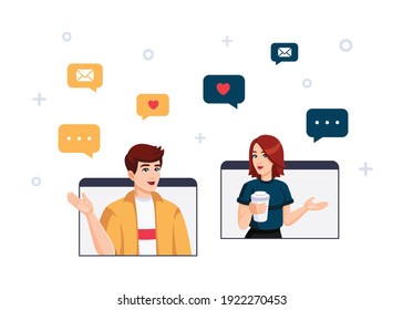 Vector flat illustration about social networks, videoconference, chatting, virtual love, online dating, online communication