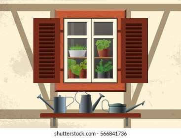 Vector flat illustration about spring, home garden, ecology, cosiness. Half-timbered house and old window with wooden shutters and flowers in pots inside. Shelf with metal watering cans outside. 