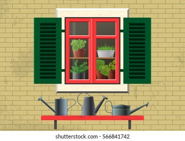 Vector flat illustration about spring, home garden, ecology, cosiness. Brick house and old window with green shutters, red frame and flowers in pots inside. Shelf with metal watering cans outside. 