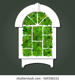 Vector flat  illustration about spring, gardening, ecology. White ancient arched window with sprouting green leaves of various plants.