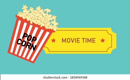 Vector flat illustration about 
trip to the cinema with popcorn and movie ticket.