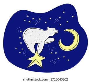 Vector flat illustration with abstract bear in starry sky, which stretches its paw to moon. Concept astrology, astronomy, etc. Lines, color are used.