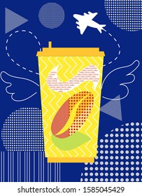 Vector flat illustration with abstract coffee cup. In background is picture of plane taking off and wings. Concept selling food and drinks in public places, airports.