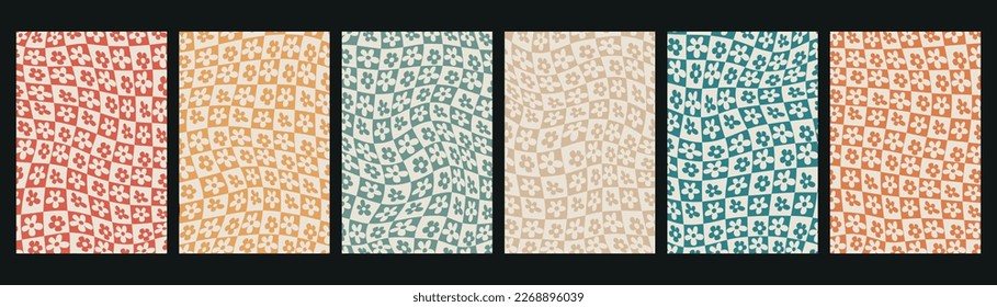 Ilustración plana vectorial. Resumen de patrones florales en cuadrados sobre fondo negro. concepto Y2k y estilo 70s. fondos de diversión de moda para su diseño, portada y papel pintado.