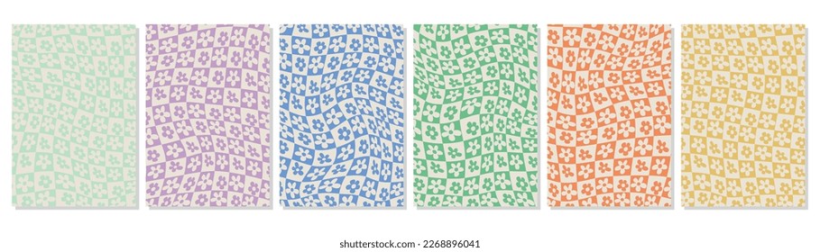 Vector flat illustration. Abstract floral patterns in squares on a white background. Y2k concept and 70s style. Trendy fun backgrounds for your design, cover and wallpaper.