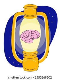 Vector flat illustration of abstract glowing brain in old retro lamp. Concept ideas, knowledge, discoveries, learning, comprehension new knowledge. Web design, printing and other products can be used.