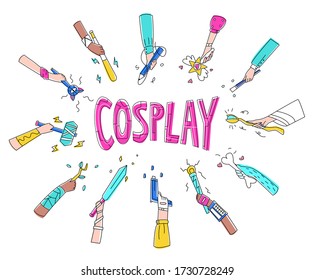 Vector flat illustration with abstract hands heroes of cinema, computer games, comics, anime, manga on background lettering cosplay. Concept costume game.