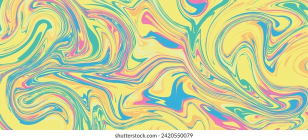 Vector flat illustration. Abstract horizontal background with colorful waves. Fashionable retro style in bright colors. Ideal for textile design, screensavers, covers, cards, invitations and posters.