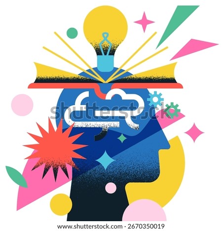 Vector flat illustration of abstract human head silhouette with open book, brain and light bulb symbol. Concept of knowledge, education, learning, creativity and bright idea