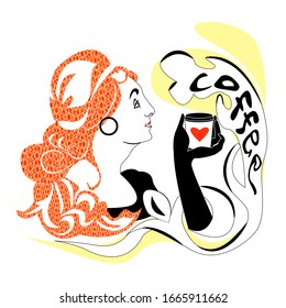 Vector flat illustration abstract image of woman s profile drawn in Art Deco style with modern textures. In her hand, she holds mug coffee, from which steam with lettering of name coffee.