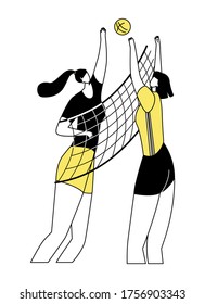 Vector flat illustration abstract women playing volleyball. Concept sports, competitive, group, Olympic games. You can use it in banners, landing pages, posters, ads, etc.