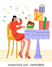 Vector flat illustration with abstract young woman celebrating her birthday. She is sitting at table, eating cake, gifts on table. Concept celebration, happiness. Use in postcards, web design, etc.
