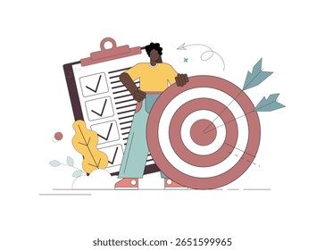 Vector flat illustration. Achieving the goal. Completed work, checklist. A man leans on a target with arrows