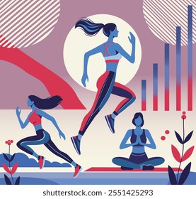 Vector flat illustration active women in sports. Woman jumping, running and yoga. Design trendy fashionable colors with abstract minimalistic background. Suitable for a project in the field of fitness