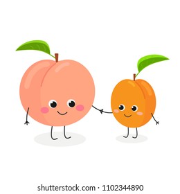 Vector flat illustration of adorable cartoon peach and apricot holding hands, isolated on white background 