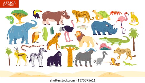 Vector flat illustration of Africa animals, desert, plants: elephant, rhino, monkey, zebra, crocodile, flamingo, turtle, palm tree, cactus etc. For children alphabet, infographics, book, banner, tag.