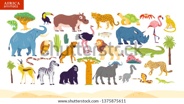 アフリカの動物 砂漠 植物のベクター画像平面イラスト 象 サイ 猿 ゼブラ ワニ フラミンゴ カメ ヤシの木 サボテンなど 子ども向けのアルファベット インフォグラフィック 本 バナー タグ のベクター画像素材 ロイヤリティフリー