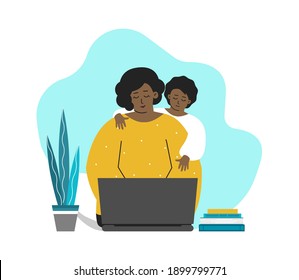 Vector flat illustration. African American daughter interrupts mother sitting and working on laptop. Difficulties of remote work and distant education in quarantine time. Freelancer lifestyle