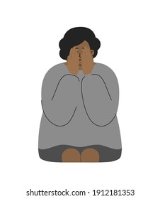 Vector flat illustration. African American woman closes her face by hands. Lady is crying. She has problem to keep mental health and bad feeling after grief. Emotional stress and melancholia. 