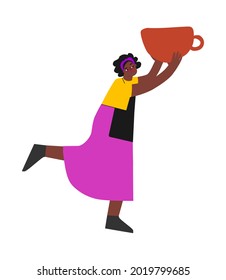 Vector flat illustration with African American woman. Student girl holds handmade ceramic tableware. She learned to create cup in pottery class. Creative hobby and artistic approach of happy master