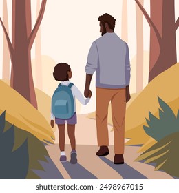 Vector flat illustration african father and little daughter walking to school in the park. Back to school. Black family and parental support in education.