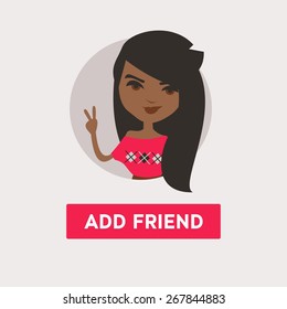 Vector flat illustration with african hipster girl and button Add Friend. Network friendship