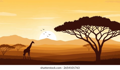Vector Flat Illustration of African Savanna at Dusk with Silhouetted Giraffe, Majestic Acacia Tree, Flying Bird Flock, Rolling Ochre Plains, and Soft Gradient Sunset Sky