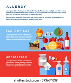 Vector flat illustration of allergen symbols, information of treatment and elimination of allergy symptoms. Icon of disease allergy. Allergic foods