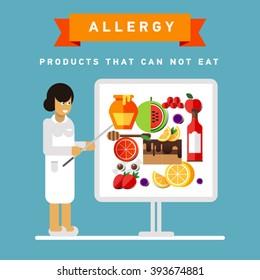 Vector flat illustration of allergen symbols, information of treatment and elimination of allergy symptoms. Icon of disease allergy. Allergic foods. 