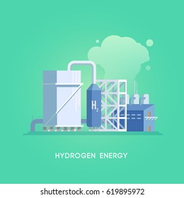 Vector flat illustration. Alternative sources of energy. Green energy. Hydrogen station.