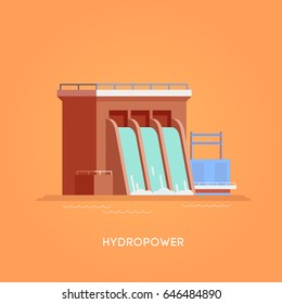 Vector flat illustration. Alternative sources of energy. Green energy. Hydropower.