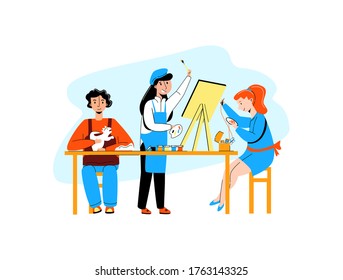 Ilustración vectorial plana Amateur, actividades creativas en la escuela, niños. Construyen, esculpieron de arcilla, dibujaron, cosieron. Concepto de educación, desarrollo. Se puede usar en diseño web, postales, banners.