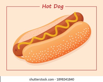 Ilustración vectorial plana de un delicioso hot dog americano para afiches, publicidad, menú, restaurante. Perro caliente con salchicha, mostaza y pan de sésamo.