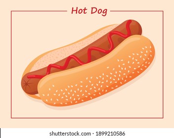 Vector flat illustration of American delicious hot dog for poster, advertisement, menu, restaurant. Hot dog with sausage, ketchup and sesame seed bun.